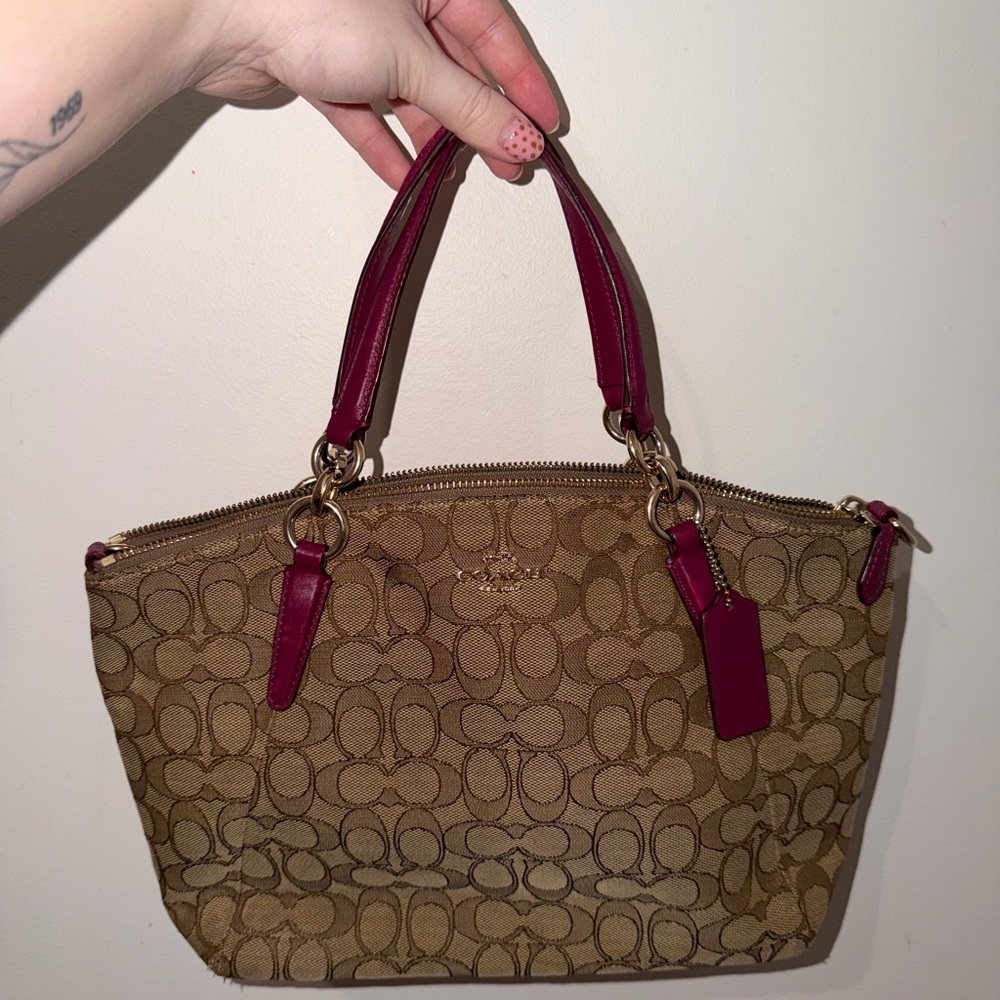 Coach Tan and Burgundy Signature Shoulder Bag